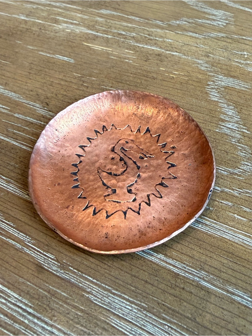 Small Copper Hammered Vintage Trinket Dish With Pelican 2 3/4"